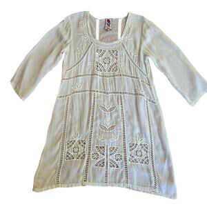 Johnny Was Women Ivory Sheer Floral Embroidered Dress S Boho Silky Peasant Fairy